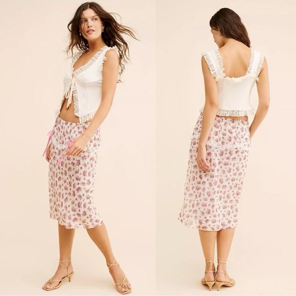 Free People For Love & Lemons Etienne Midi Skirt Small Cottage Coquette Dainty - Picture 4 of 15